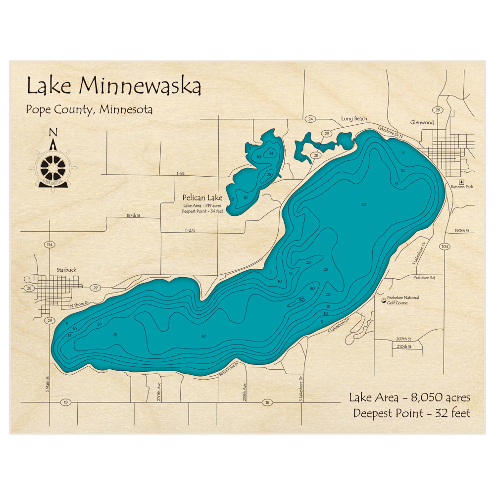 Bathymetric topo map of Lake Minnewaska with roads, towns and depths noted in blue water
