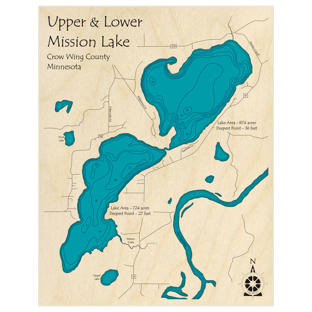 Bathymetric topo map of Upper & Lower Mission Lake with roads, towns and depths noted in blue water