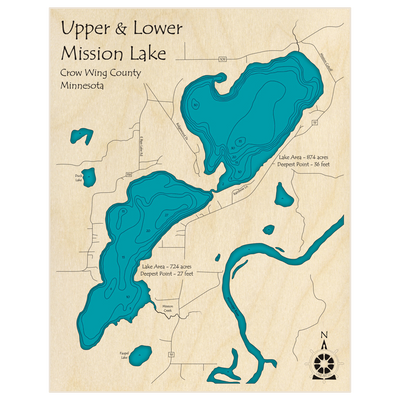 Bathymetric topo map of Upper & Lower Mission Lake with roads, towns and depths noted in blue water