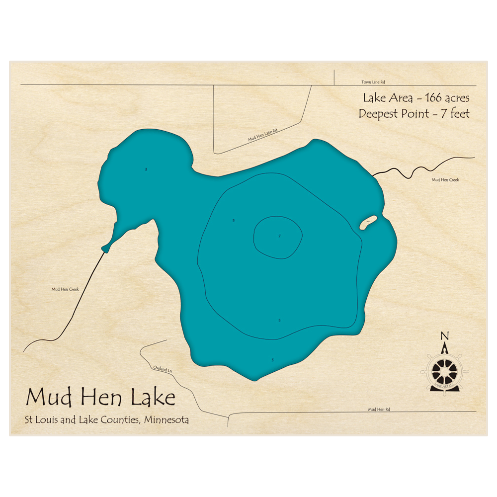 Bathymetric topo map of Mud Hen Lake with roads, towns and depths noted in blue water