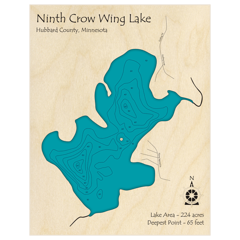 Bathymetric topo map of Ninth Crow Wing with roads, towns and depths noted in blue water