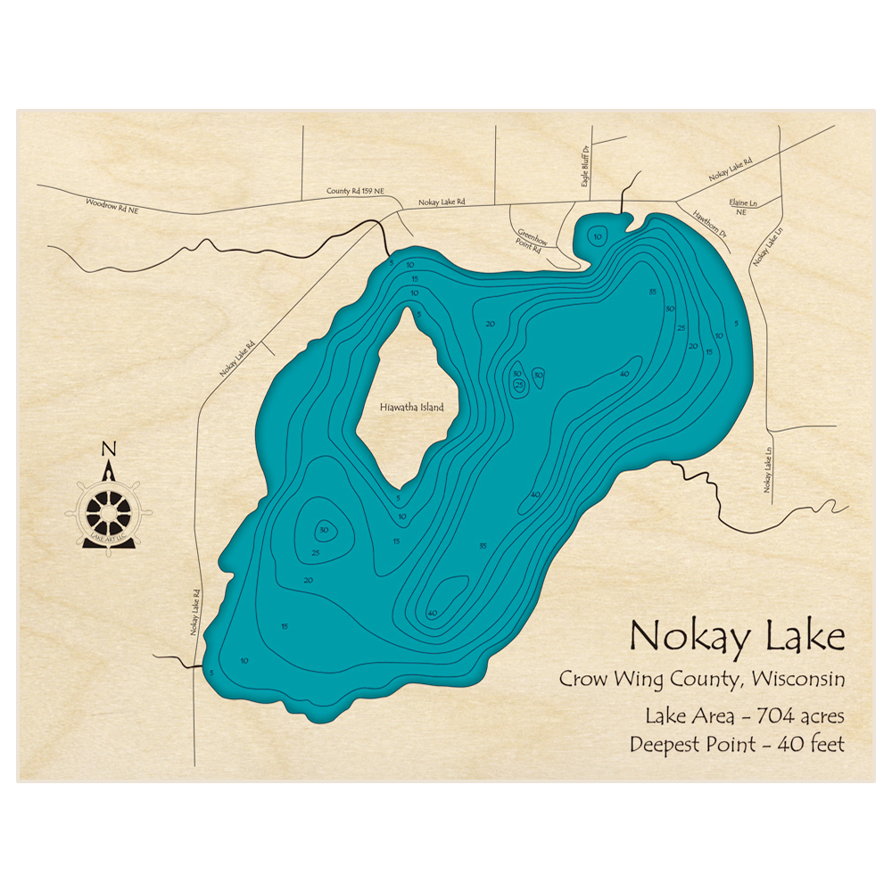 Bathymetric topo map of Nokay Lake with roads, towns and depths noted in blue water