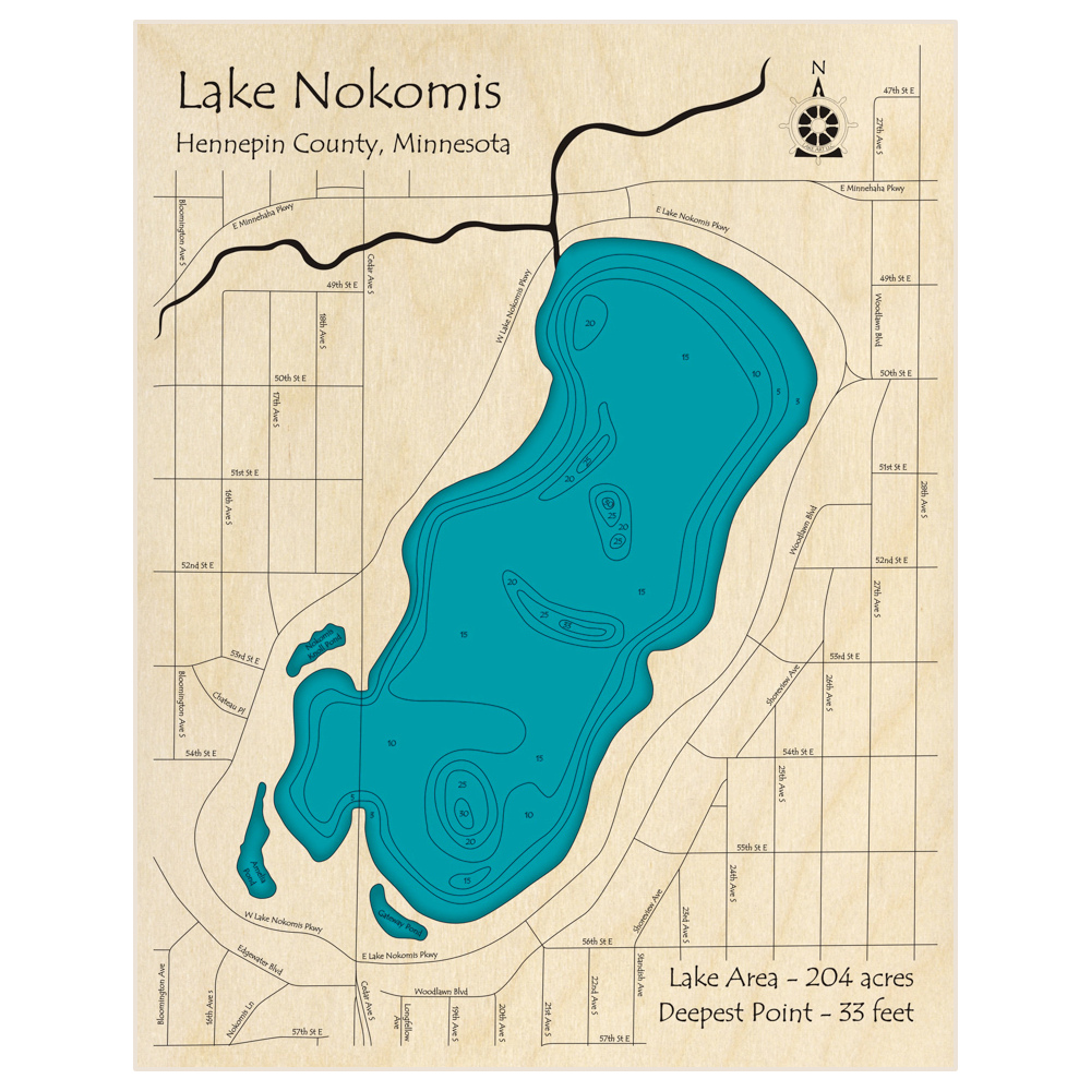 Bathymetric topo map of Lake Nokomis with roads, towns and depths noted in blue water