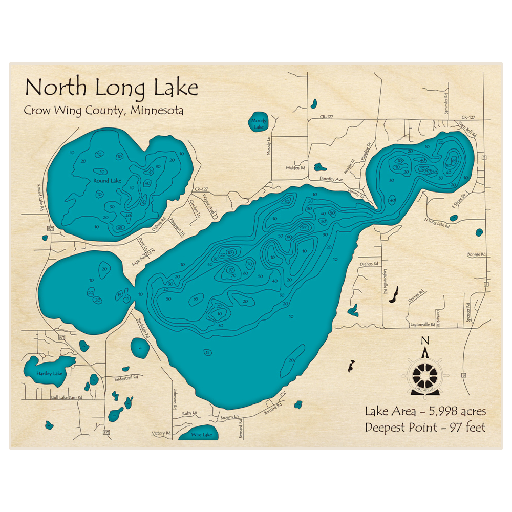 Bathymetric topo map of North Long Lake with roads, towns and depths noted in blue water