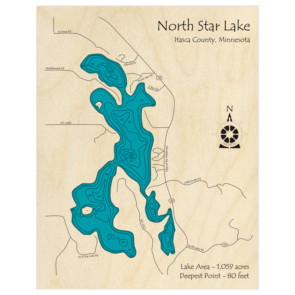 Bathymetric topo map of North Star Lake with roads, towns and depths noted in blue water