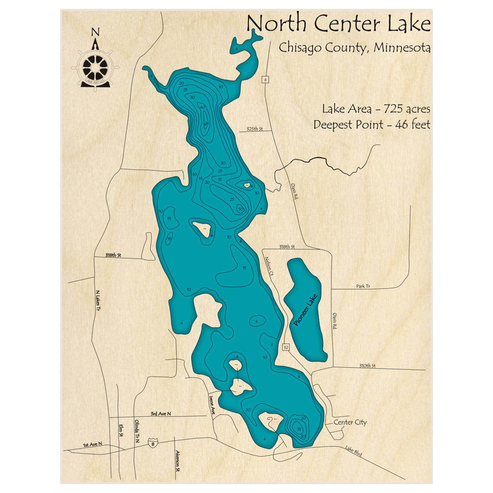 Bathymetric topo map of Center Lake (North lake only) with roads, towns and depths noted in blue water