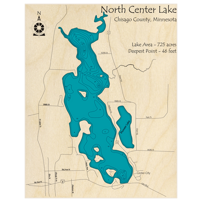 Bathymetric topo map of Center Lake (North lake only) with roads, towns and depths noted in blue water