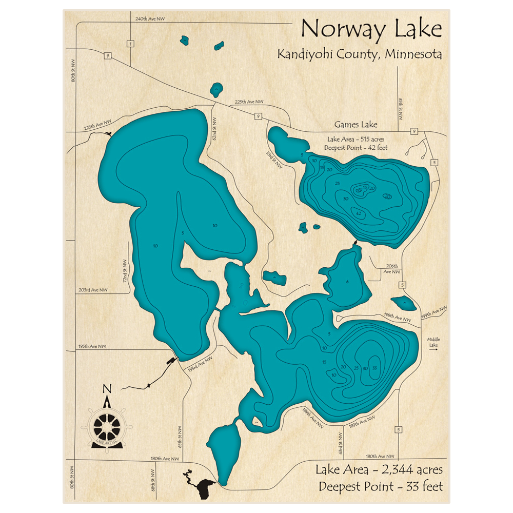 Bathymetric topo map of Norway Lake with Games Lake with roads, towns and depths noted in blue water