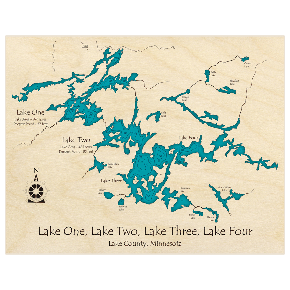 Bathymetric topo map of Boundary Waters Canoe Area (Lakes 1 2 3 4) with roads, towns and depths noted in blue water