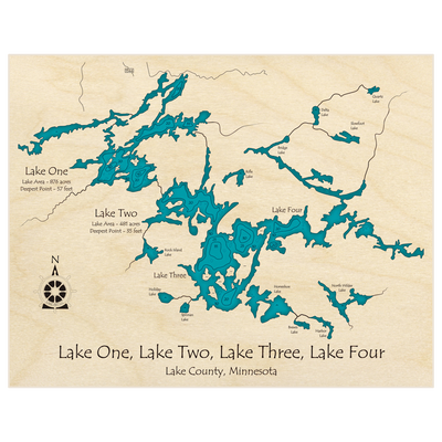 Bathymetric topo map of Boundary Waters Canoe Area (Lakes 1 2 3 4) with roads, towns and depths noted in blue water