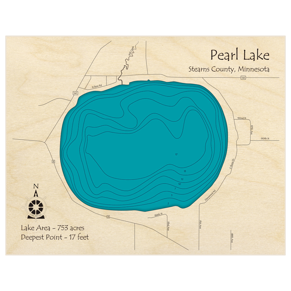 Bathymetric topo map of Pearl Lake with roads, towns and depths noted in blue water