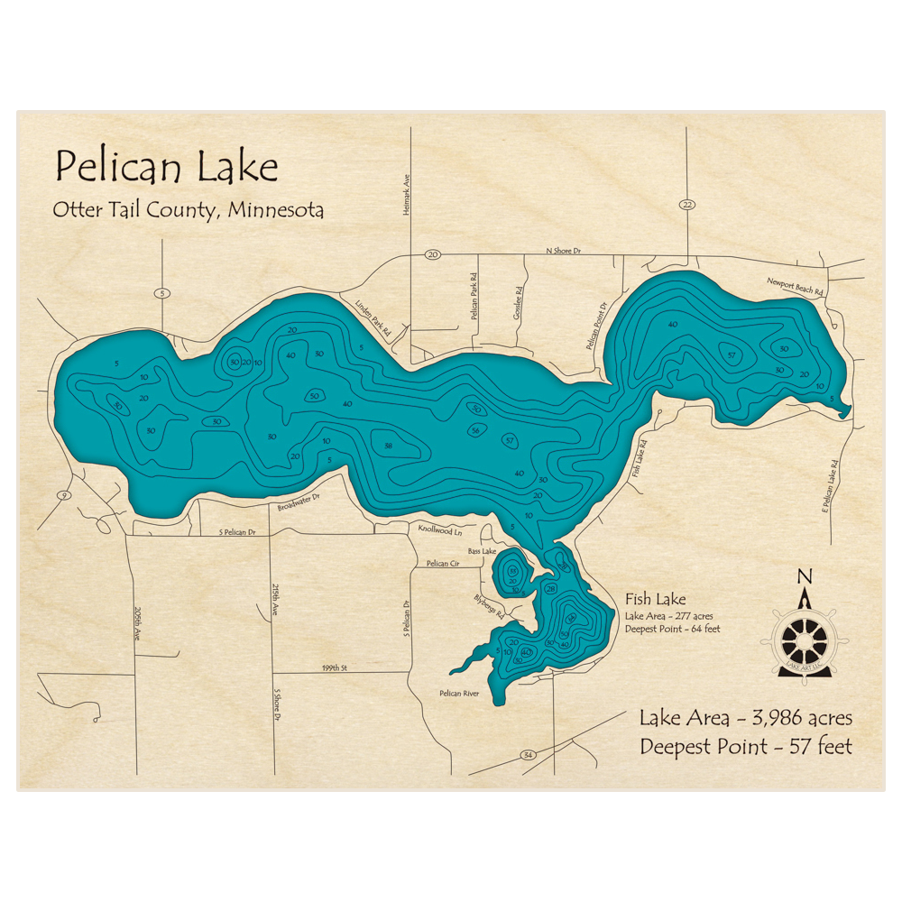 Bathymetric topo map of Pelican Lake with roads, towns and depths noted in blue water