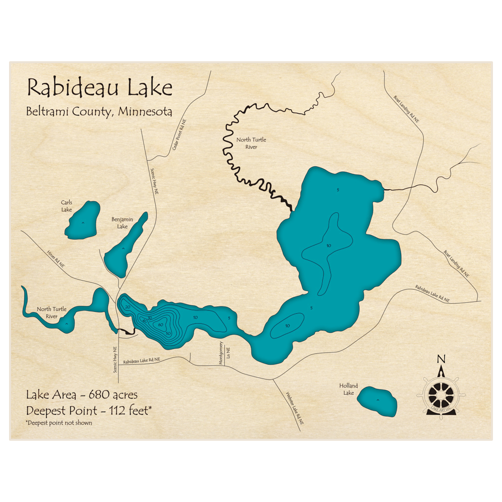 Bathymetric topo map of Rabideau Lake with roads, towns and depths noted in blue water