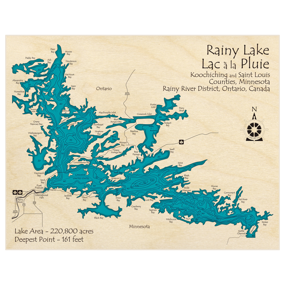 Bathymetric topo map of Rainy Lake with roads, towns and depths noted in blue water
