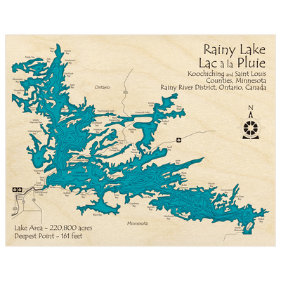 Bathymetric topo map of Rainy Lake with roads, towns and depths noted in blue water