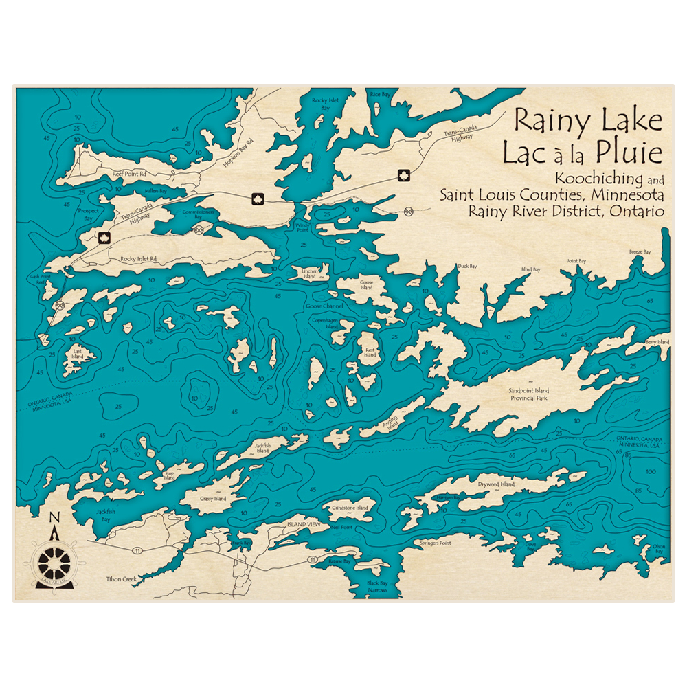 Bathymetric topo map of Rainy Lake (zoomed in) with roads, towns and depths noted in blue water