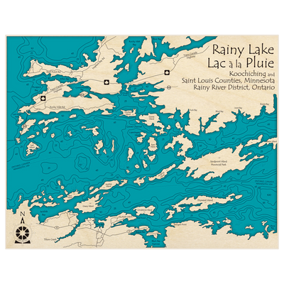 Bathymetric topo map of Rainy Lake (zoomed in) with roads, towns and depths noted in blue water