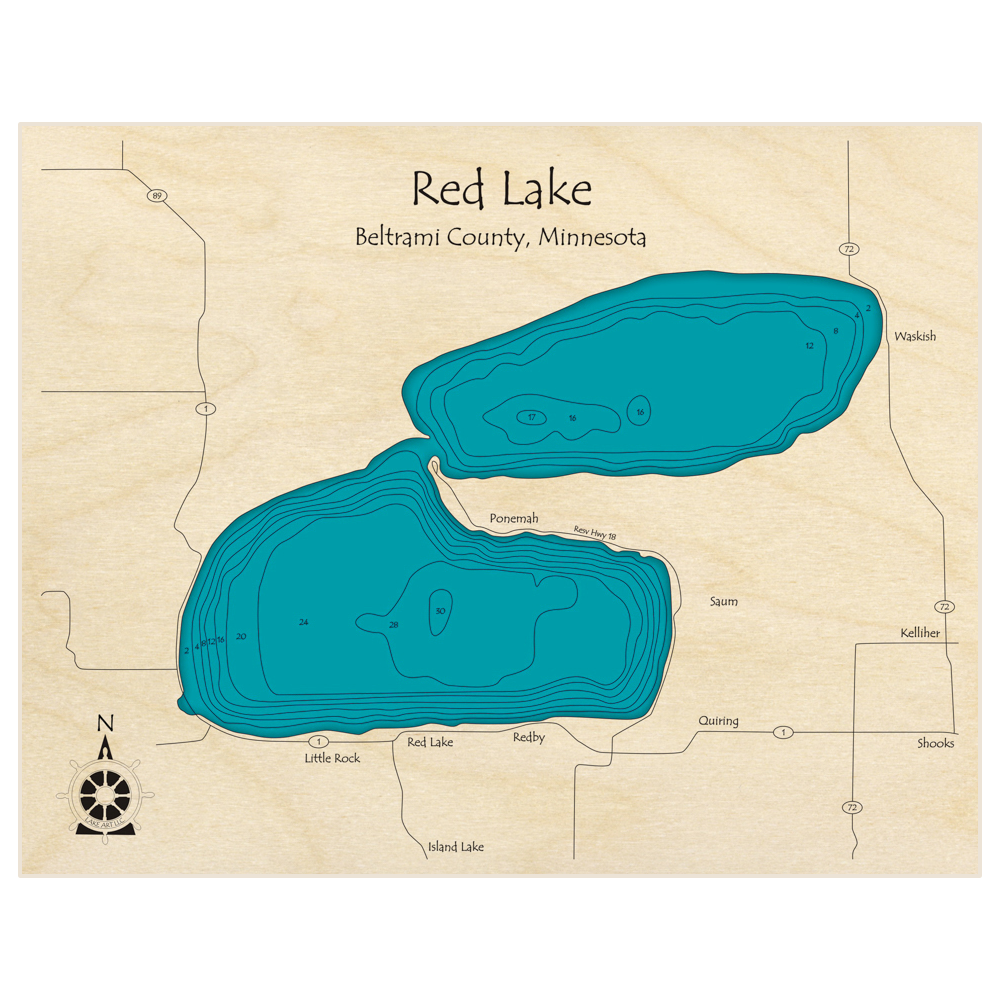 Bathymetric topo map of Red Lake  with roads, towns and depths noted in blue water