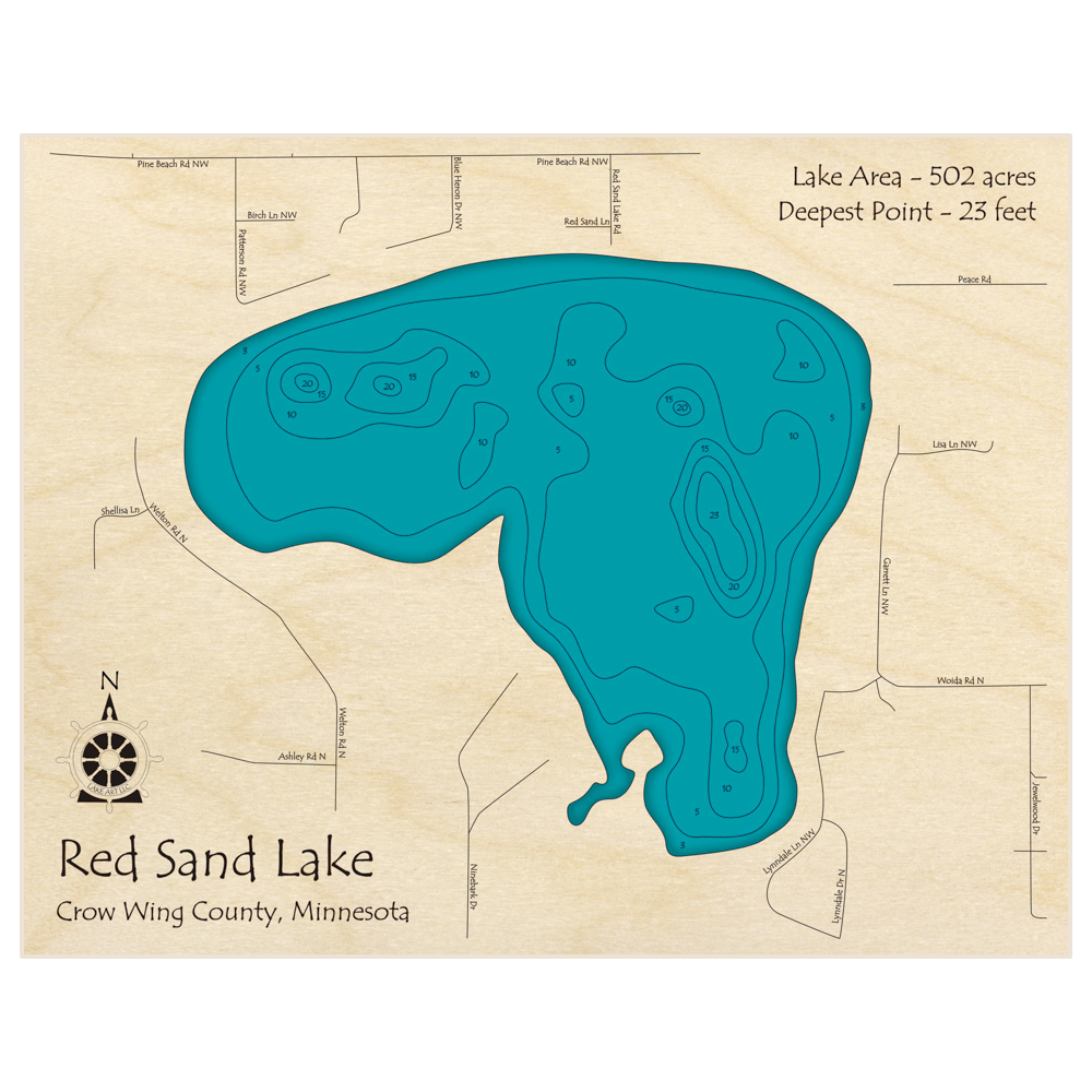 Bathymetric topo map of Red Sand Lake with roads, towns and depths noted in blue water