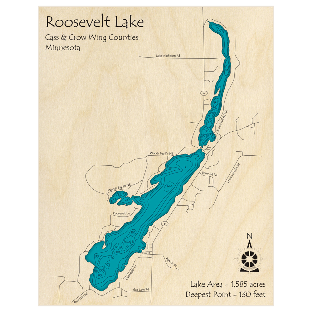 Bathymetric topo map of Roosevelt Lake with roads, towns and depths noted in blue water
