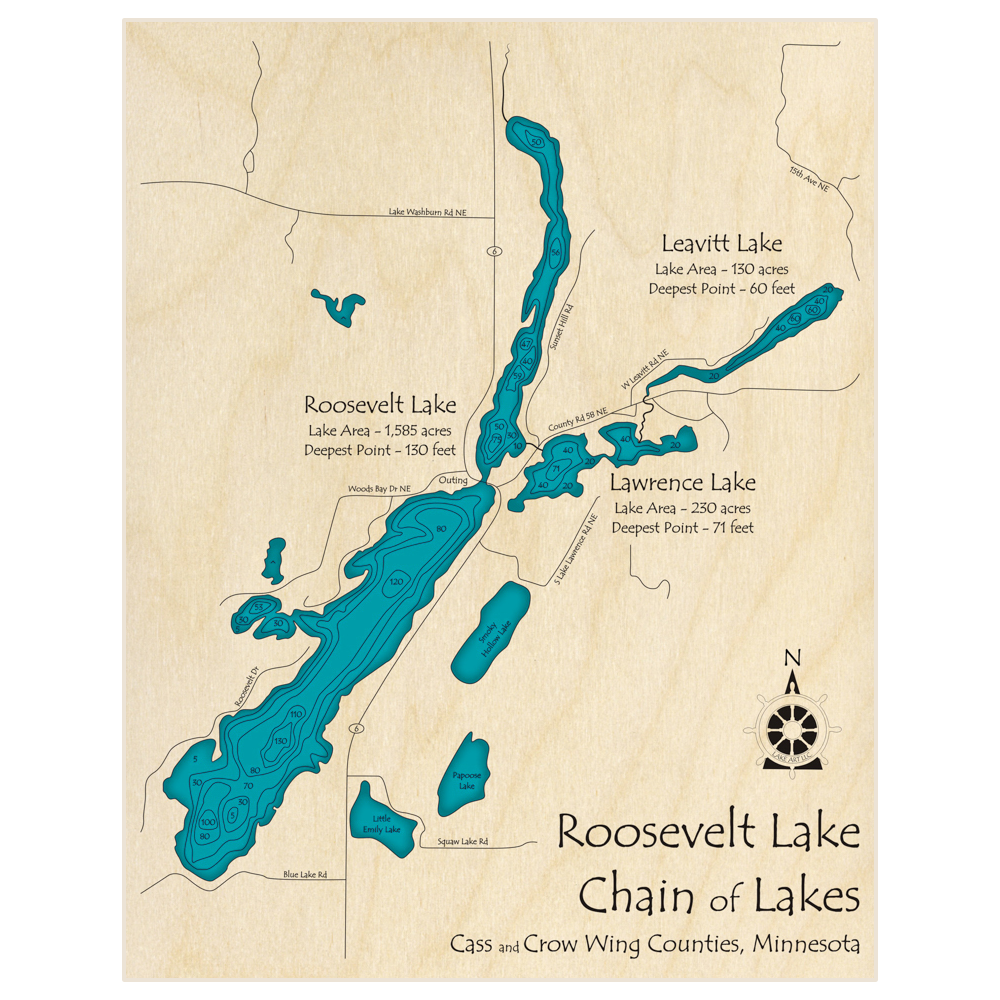 Bathymetric topo map of Roosevelt Chain of Lakes with roads, towns and depths noted in blue water