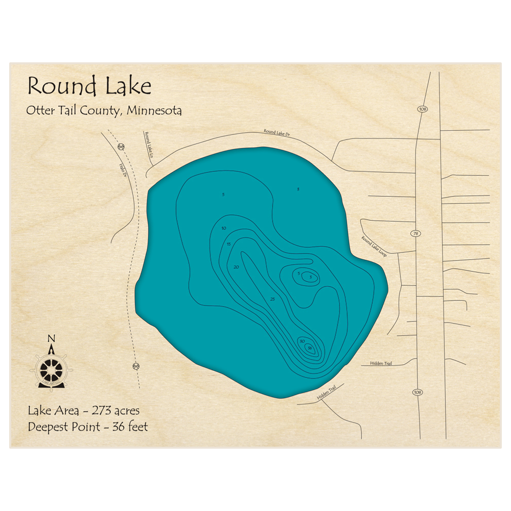 Bathymetric topo map of Round Lake (near hwy 78) with roads, towns and depths noted in blue water