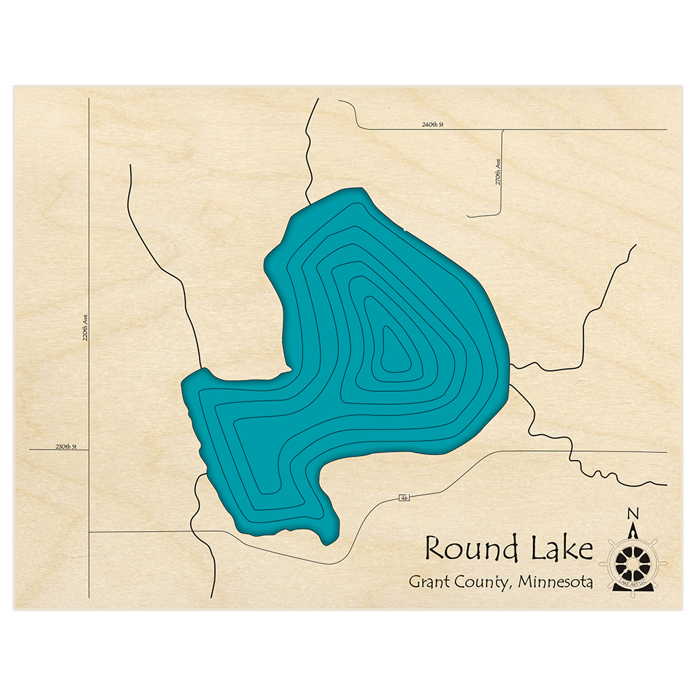 Bathymetric topo map of Round Lake (near Elbow Lake) with roads, towns and depths noted in blue water