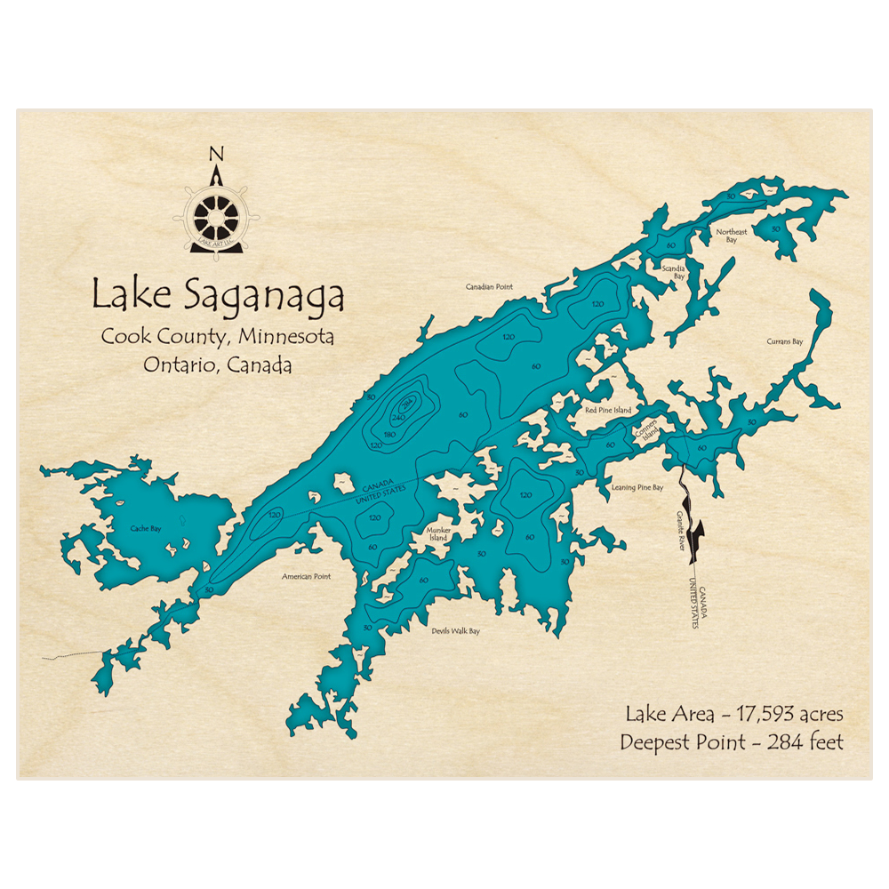 Bathymetric topo map of Lake Saganaga with roads, towns and depths noted in blue water
