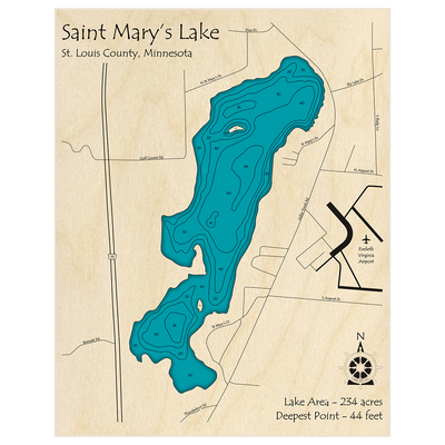 Bathymetric topo map of Saint Marys Lake with roads, towns and depths noted in blue water