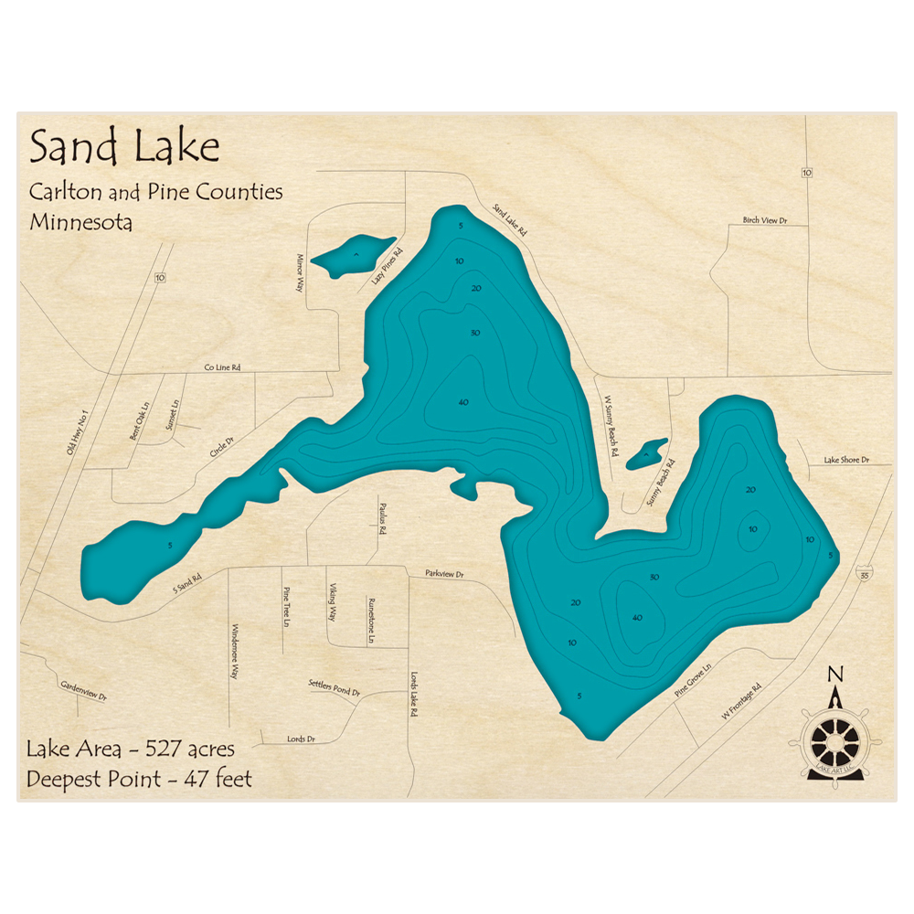 Bathymetric topo map of Sand Lake with roads, towns and depths noted in blue water