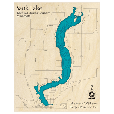 Bathymetric topo map of Sauk Lake with roads, towns and depths noted in blue water