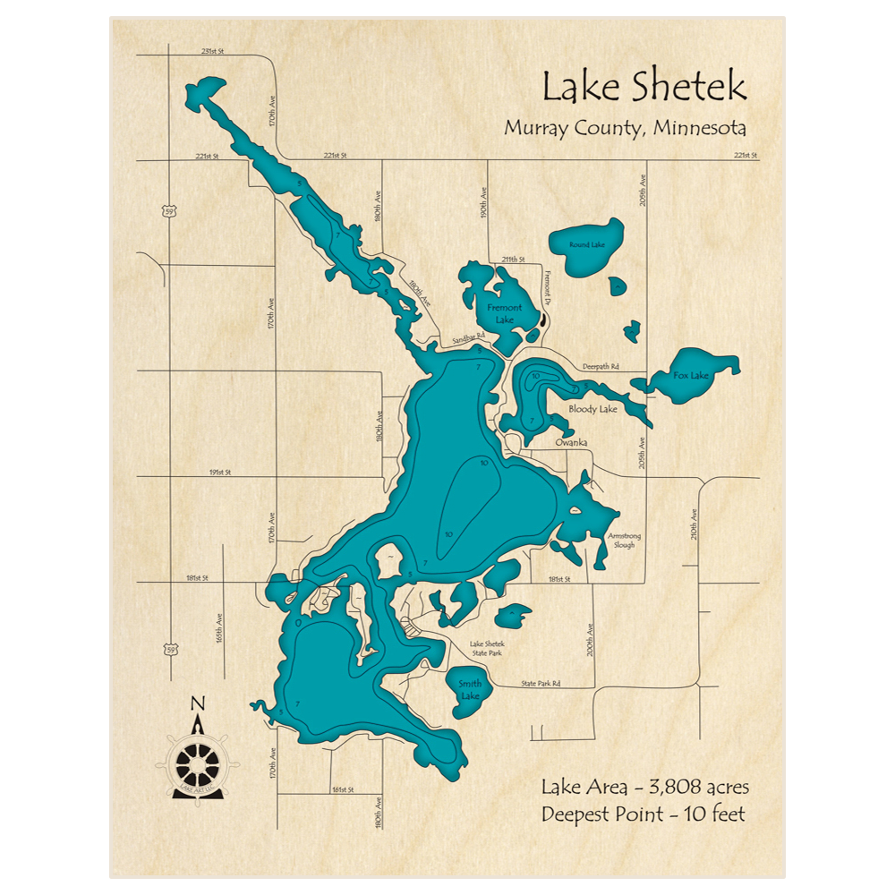 Bathymetric topo map of Lake Shetek with roads, towns and depths noted in blue water