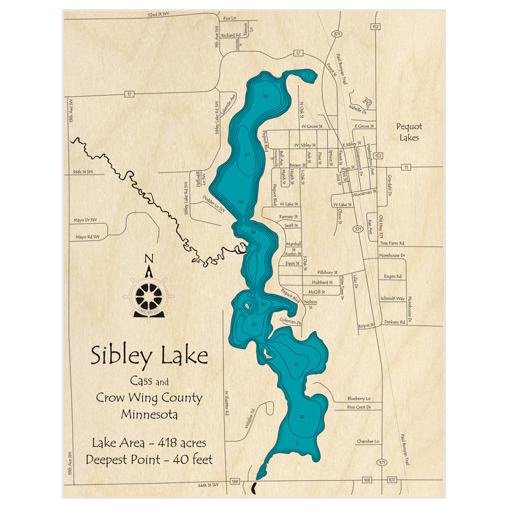 Bathymetric topo map of Sibley Lake with roads, towns and depths noted in blue water