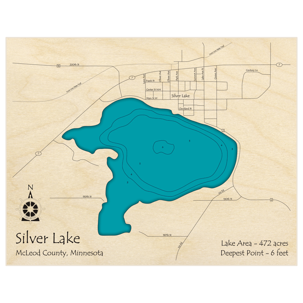 Bathymetric topo map of Silver Lake with roads, towns and depths noted in blue water