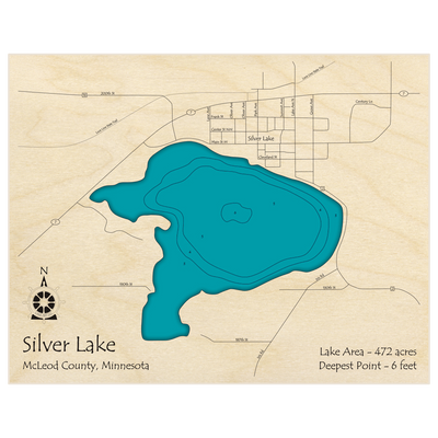 Bathymetric topo map of Silver Lake with roads, towns and depths noted in blue water