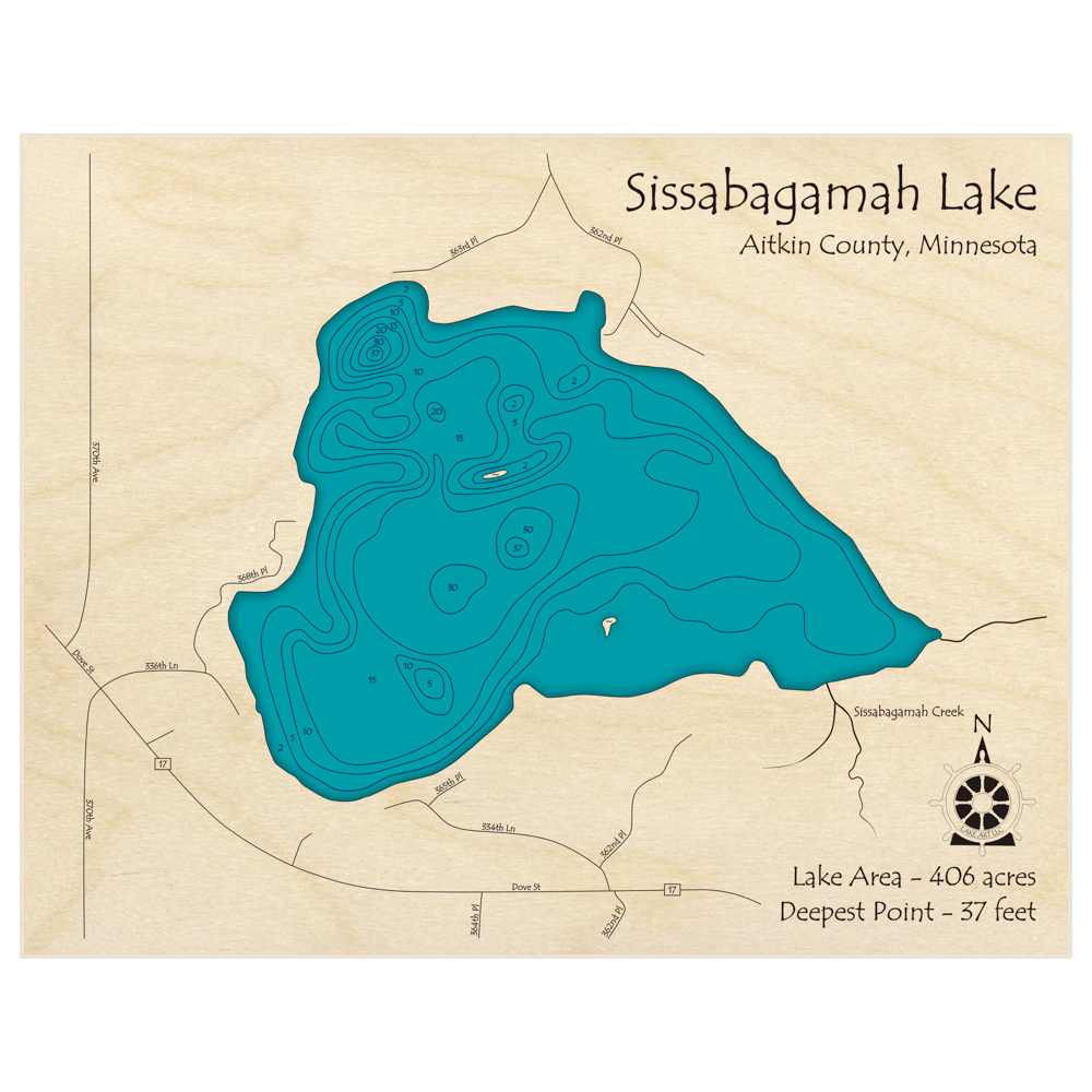 Bathymetric topo map of Sissabagamah Lake with roads, towns and depths noted in blue water