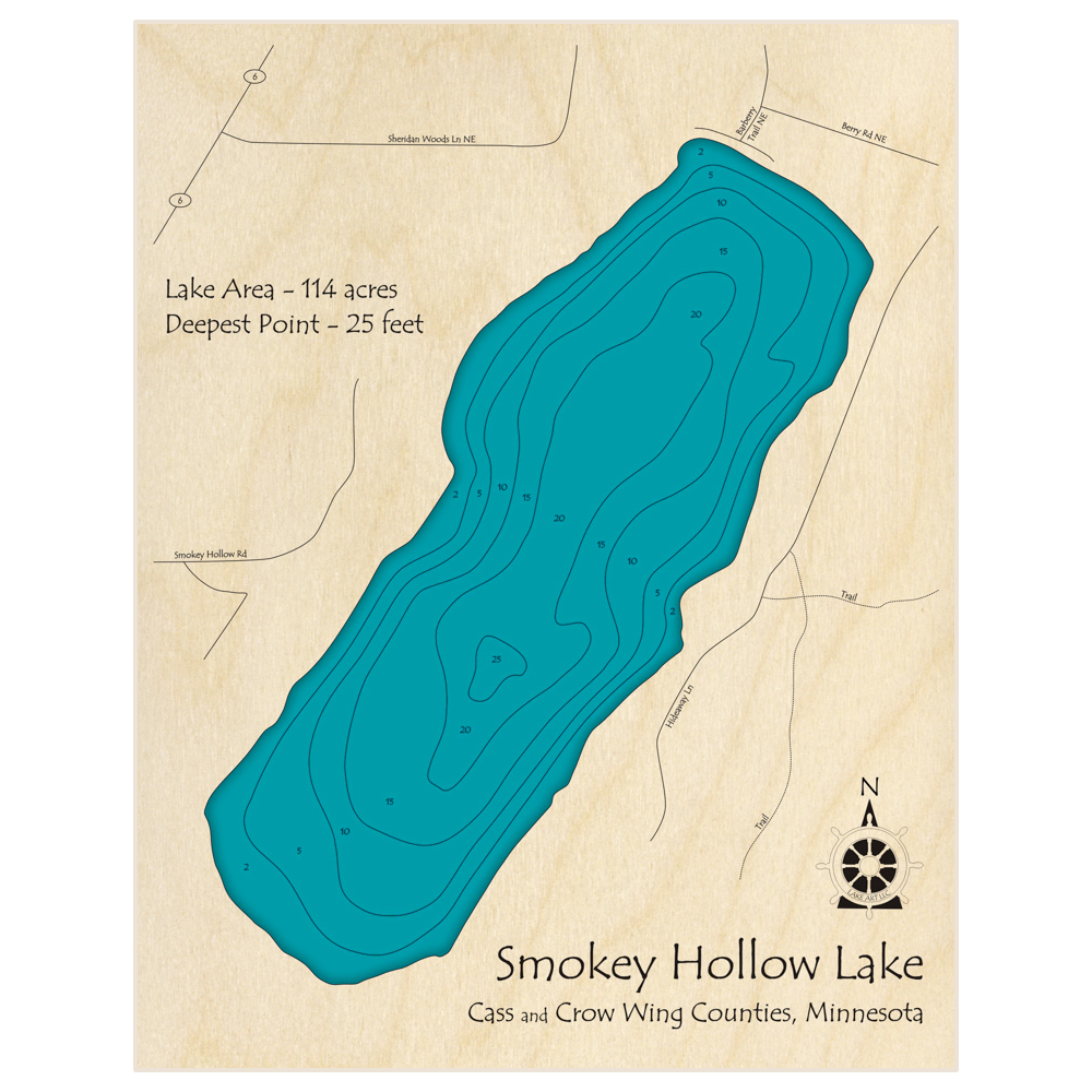 Bathymetric topo map of Smokey Hollow Lake with roads, towns and depths noted in blue water