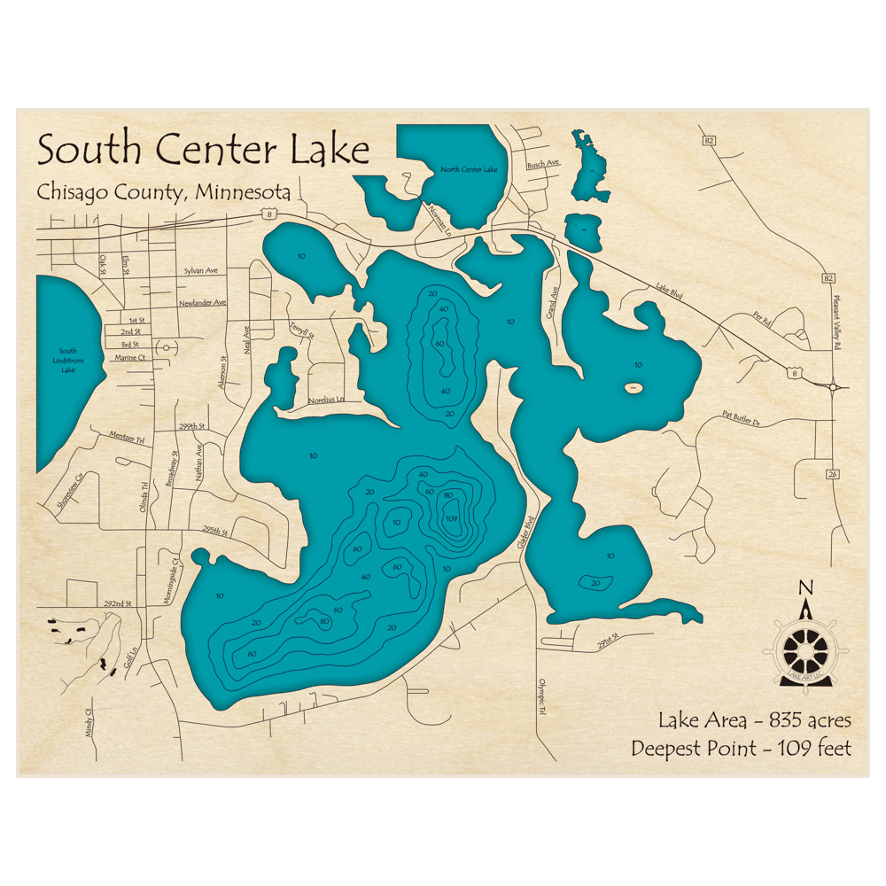 Bathymetric topo map of South Center Lake with roads, towns and depths noted in blue water