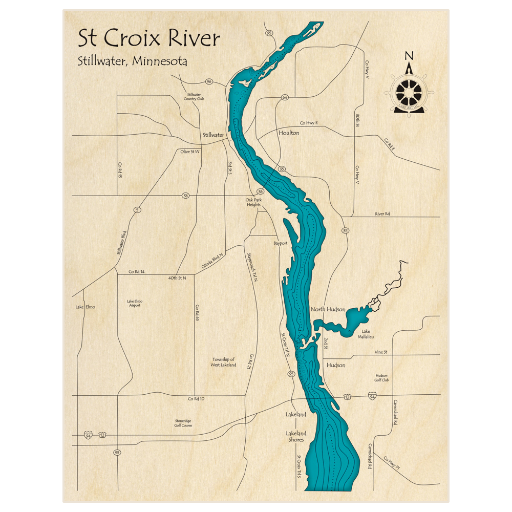 Bathymetric topo map of St Croix River (Stillwater Region) with roads, towns and depths noted in blue water
