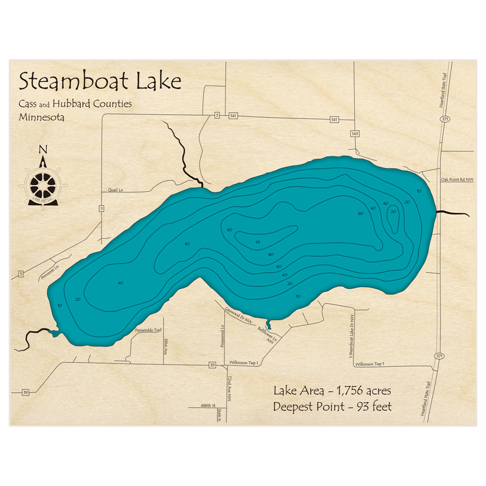 Bathymetric topo map of Steamboat Lake with roads, towns and depths noted in blue water