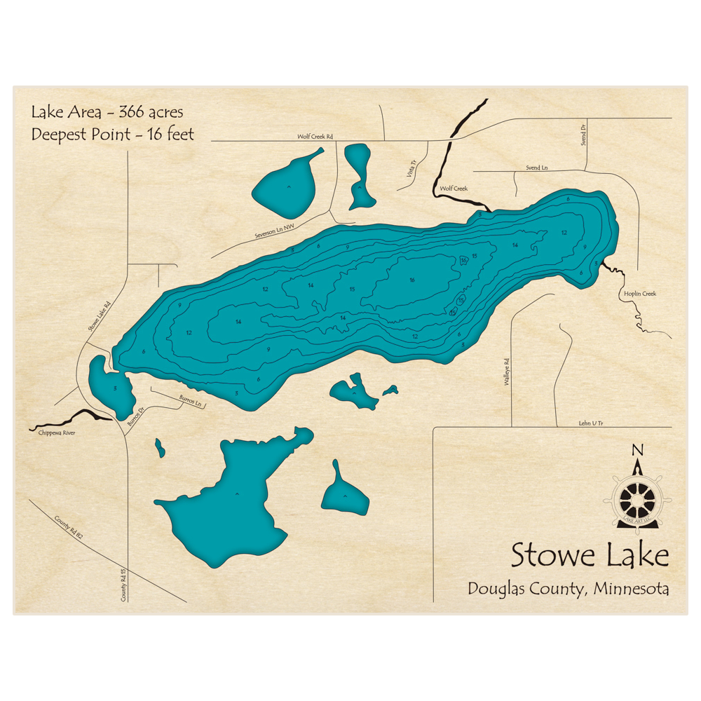 Bathymetric topo map of Stowe Lake with roads, towns and depths noted in blue water