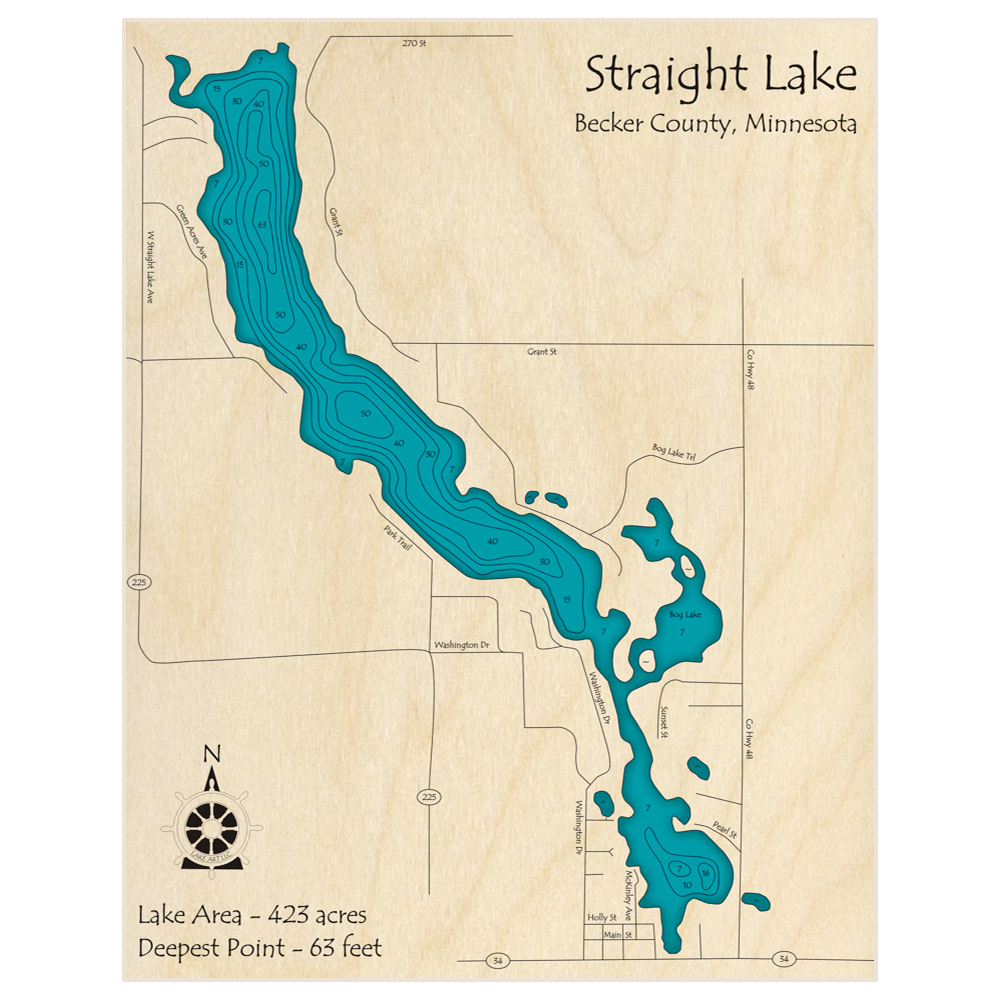 Bathymetric topo map of Straight Lake with roads, towns and depths noted in blue water