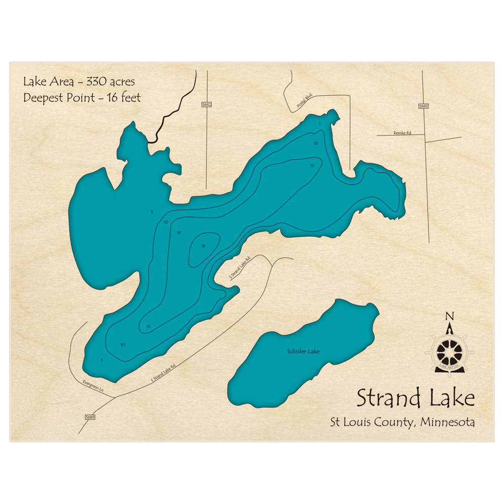 Bathymetric topo map of Strand Lake with roads, towns and depths noted in blue water