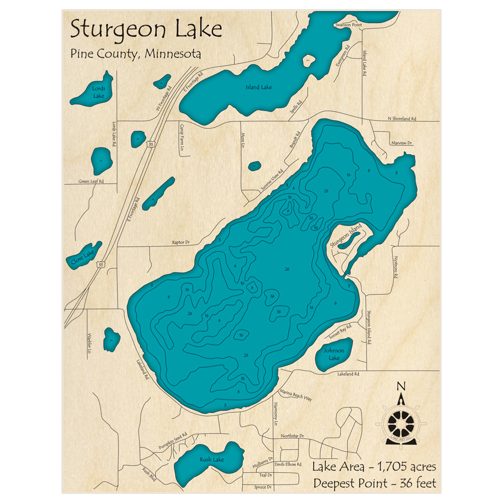 Sturgeon Lake 3D Custom Wood Map Lake Art LLC