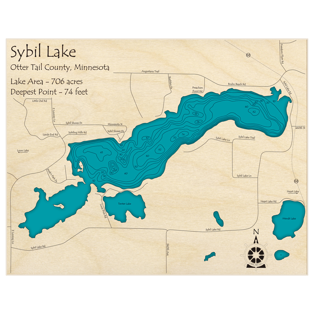 Bathymetric topo map of Sybil Lake with roads, towns and depths noted in blue water