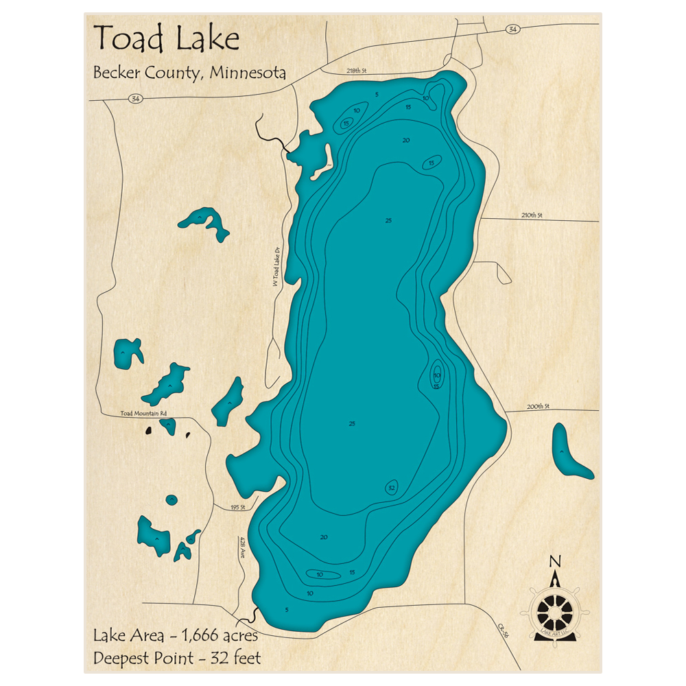 Bathymetric topo map of Toad Lake with roads, towns and depths noted in blue water