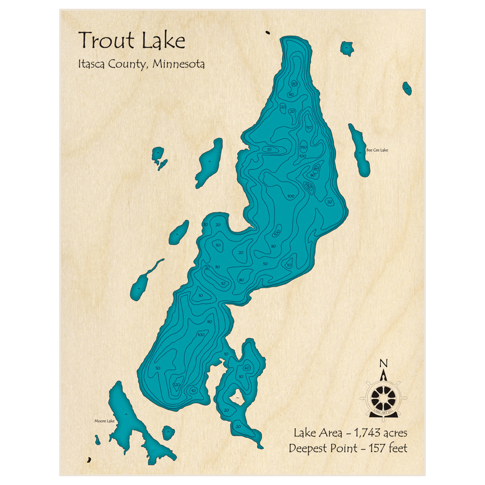 Bathymetric topo map of Trout Lake with roads, towns and depths noted in blue water