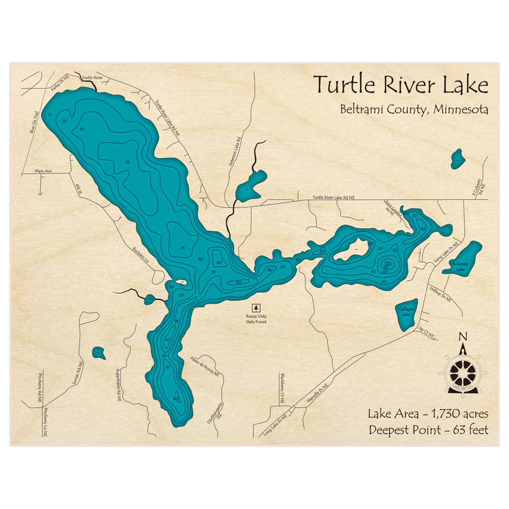 Bathymetric topo map of Turtle River Lake with roads, towns and depths noted in blue water