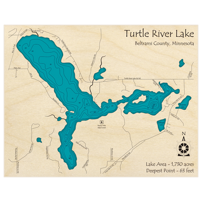 Bathymetric topo map of Turtle River Lake with roads, towns and depths noted in blue water