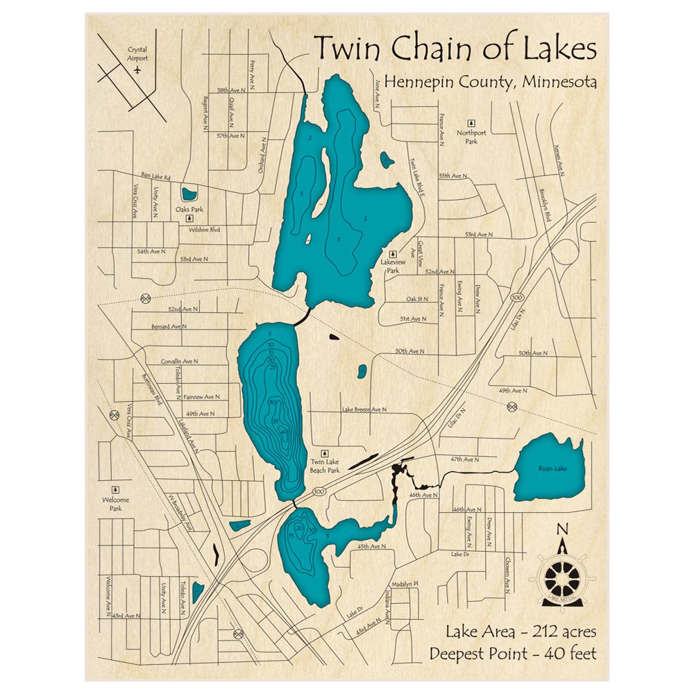 Bathymetric topo map of Twin Chain of Lakes with roads, towns and depths noted in blue water